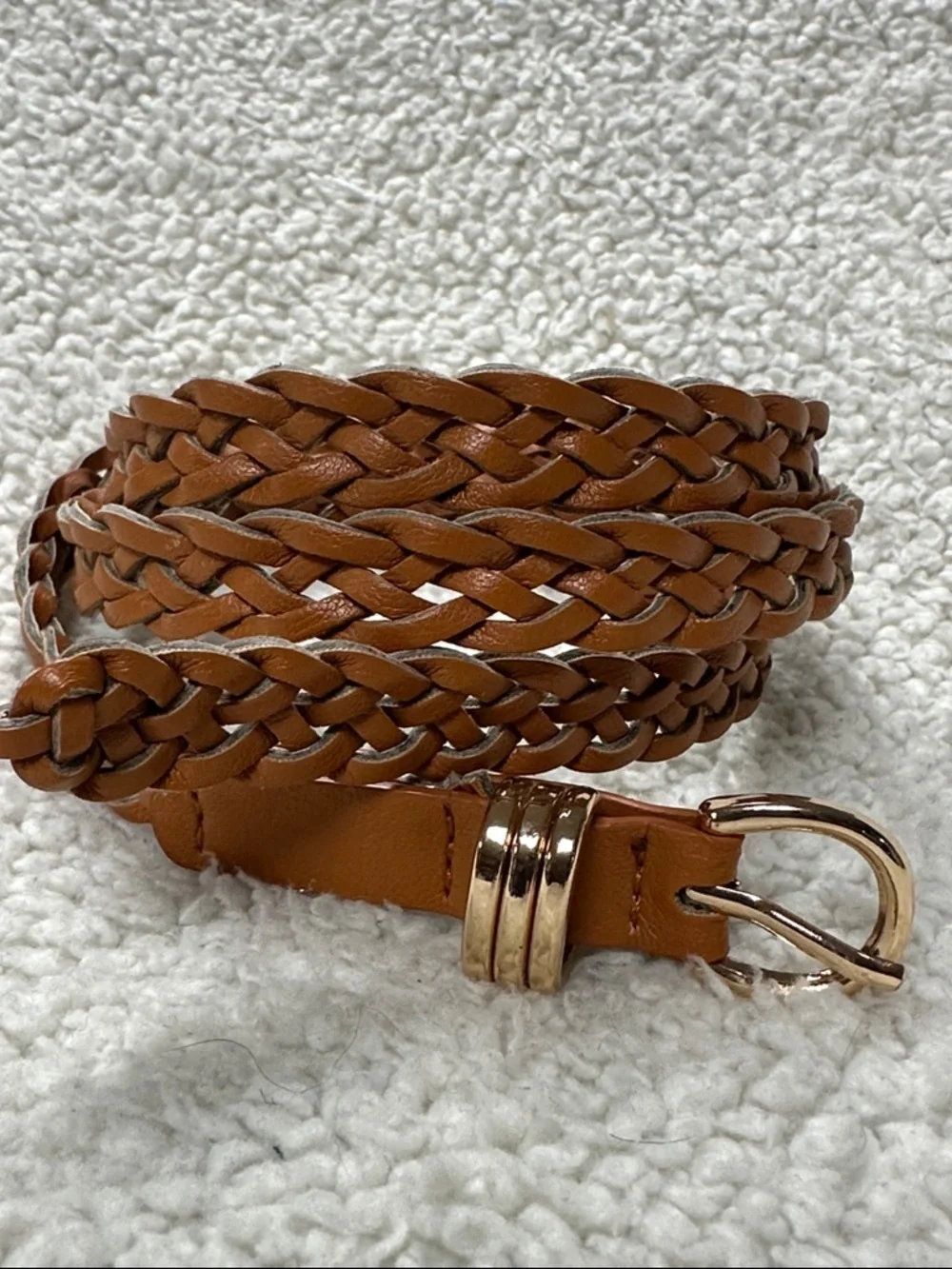Ultra Skinny Braided Belt Woman’s  Carmel  Brown Vegan Leather Belt, L / XL